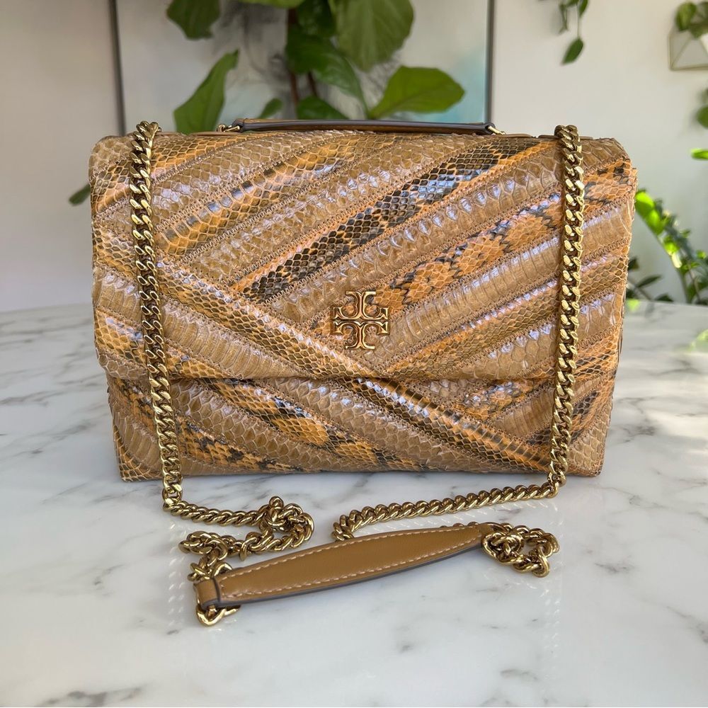 Tory Burch Kira Chevron Exotic Snakeskin Leather Convertible Shoulder Bag Tan